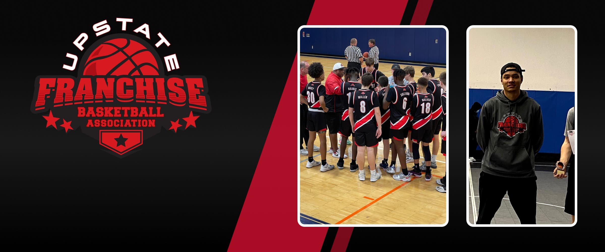 Upstate Franchise Basketball Association logo beside photos of a UFBA team huddle and a UFBA coach in a team hoodie